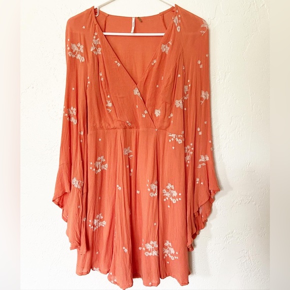 Free People Jasmine Bell Sleeve Dress - Embroidered Orange/Coral - Size 4 - Picture 1 of 4